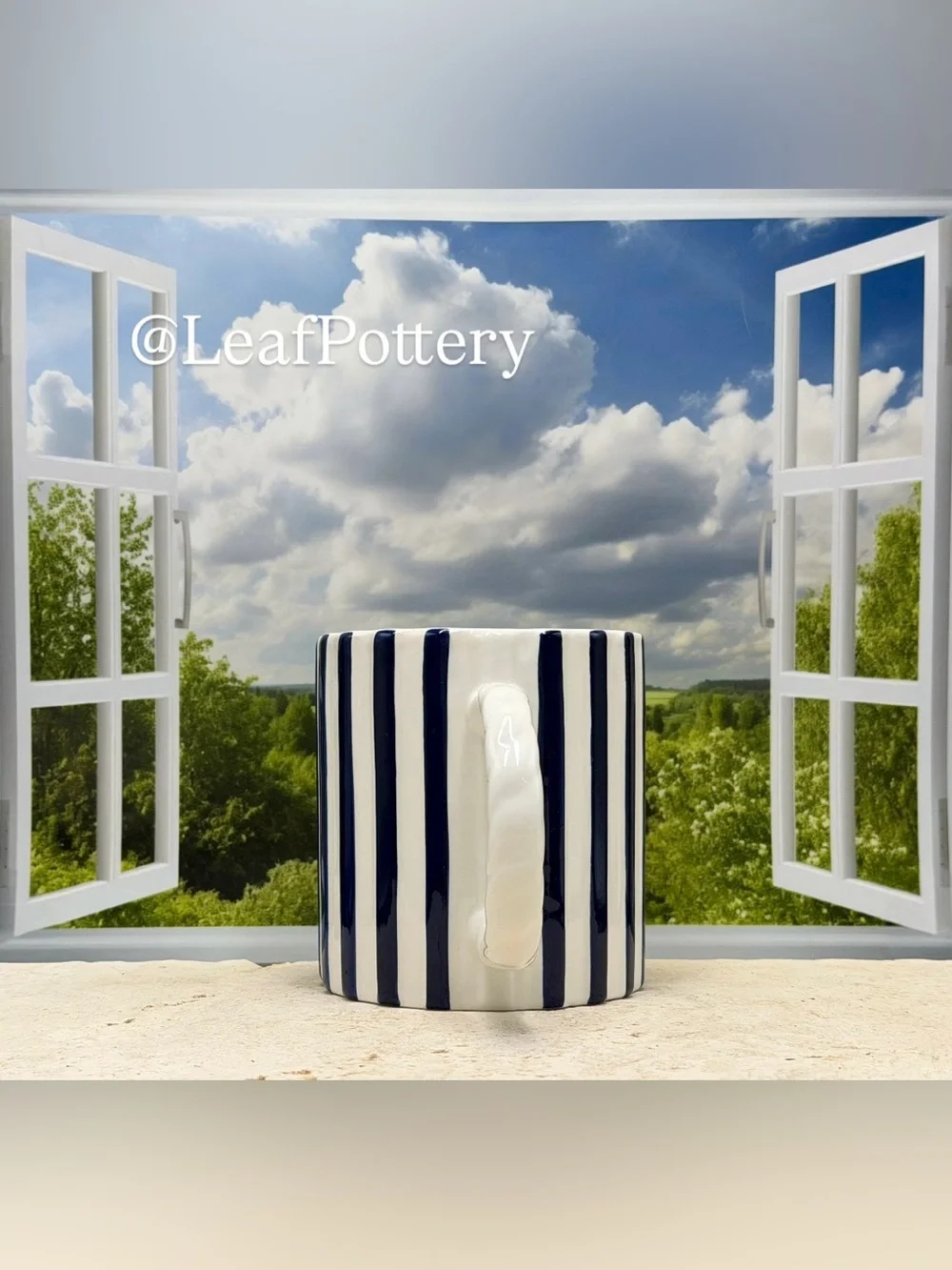 Sunday Morning Ceramics Striped Ceramic Mug | Large 20 oz Navy Blue & White
